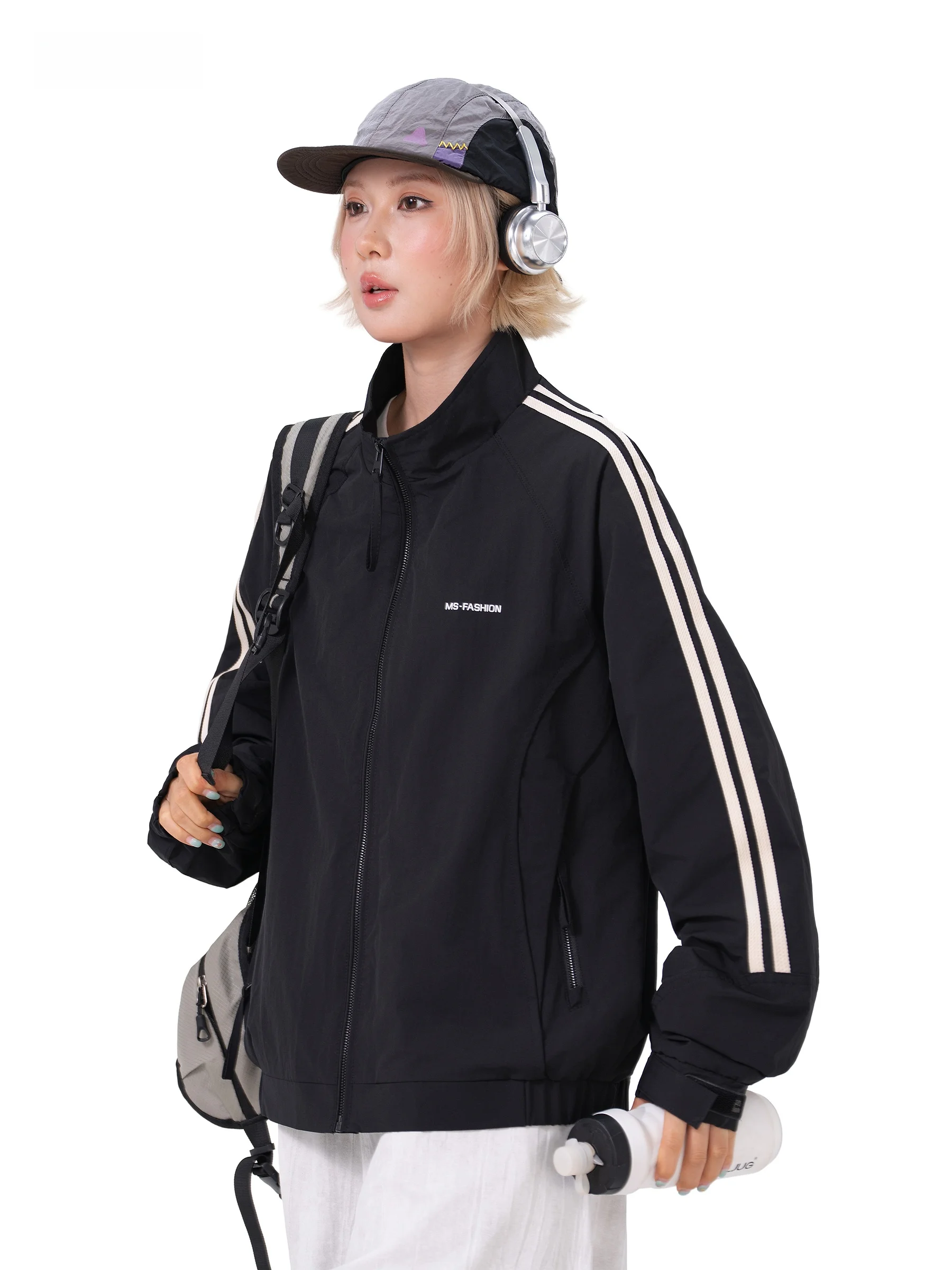 AOGZ American Retro Sport Jacket Unisex Loose Stand Collar Zipper Patterned Outerwear Polyester Fiber Long Sleeve Autumn Wear