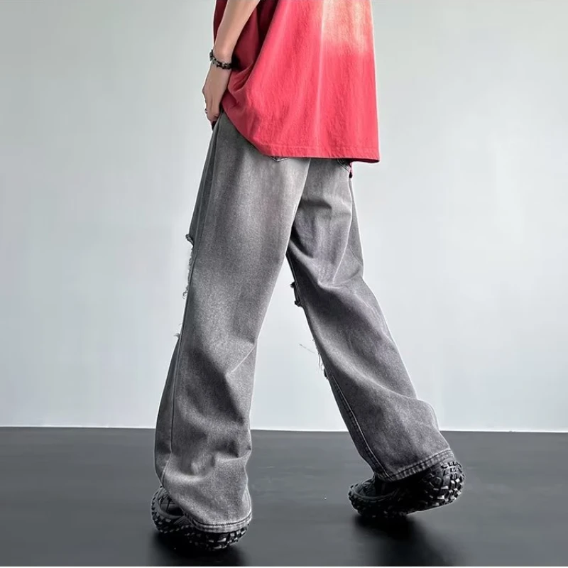 Jeans Männer Distressed Loch Unisex Gerade All-match Chic Sommer Lose Gewaschen Vintage High Street Amerikanischen Stil Denim Mode