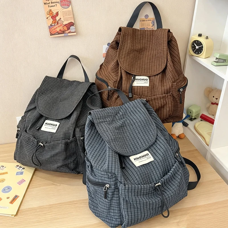 Plaid Drawstring Nylon Backpack Letter Print, Multi-pocket Student Commuter Backpack Large Capacity Outdoor Travel Backpack