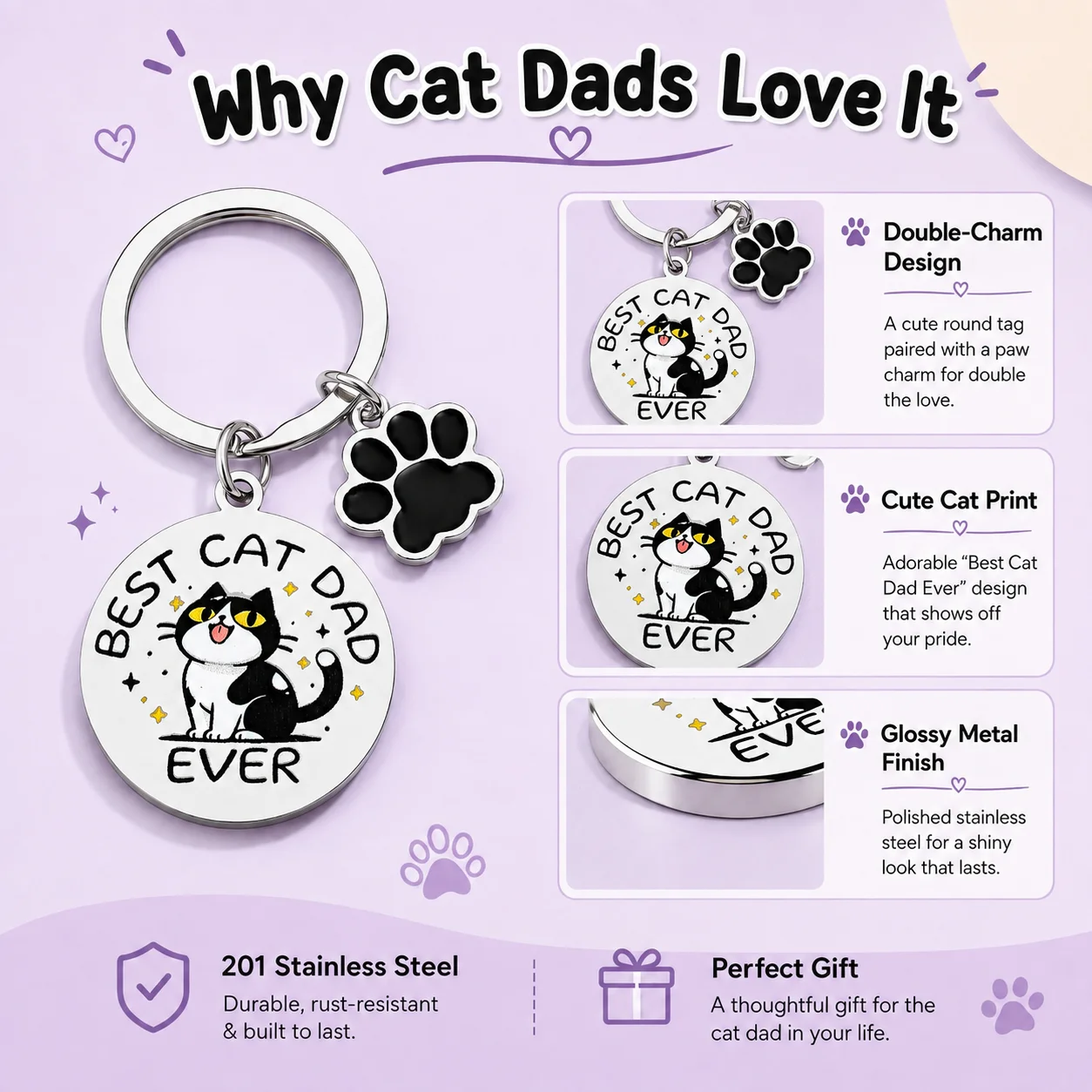 Best Cat Dad Ever Kitten Keychain Fathers Day Gift for Men, Kitty Themed Funny Present for Cat Daddy Kitten Owner Lover