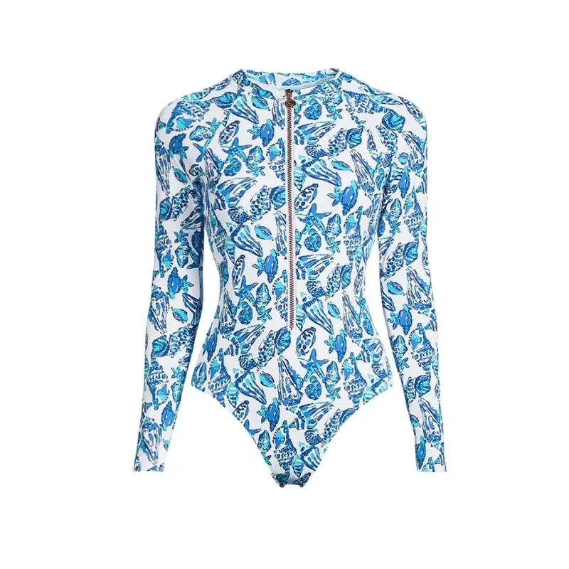 Costume da bagno donna a maniche lunghe con Zip, costumi da bagno interi blu, bianchi, costumi da bagno per le vacanze, costume da bagno di lusso, costume da Surf Bikini