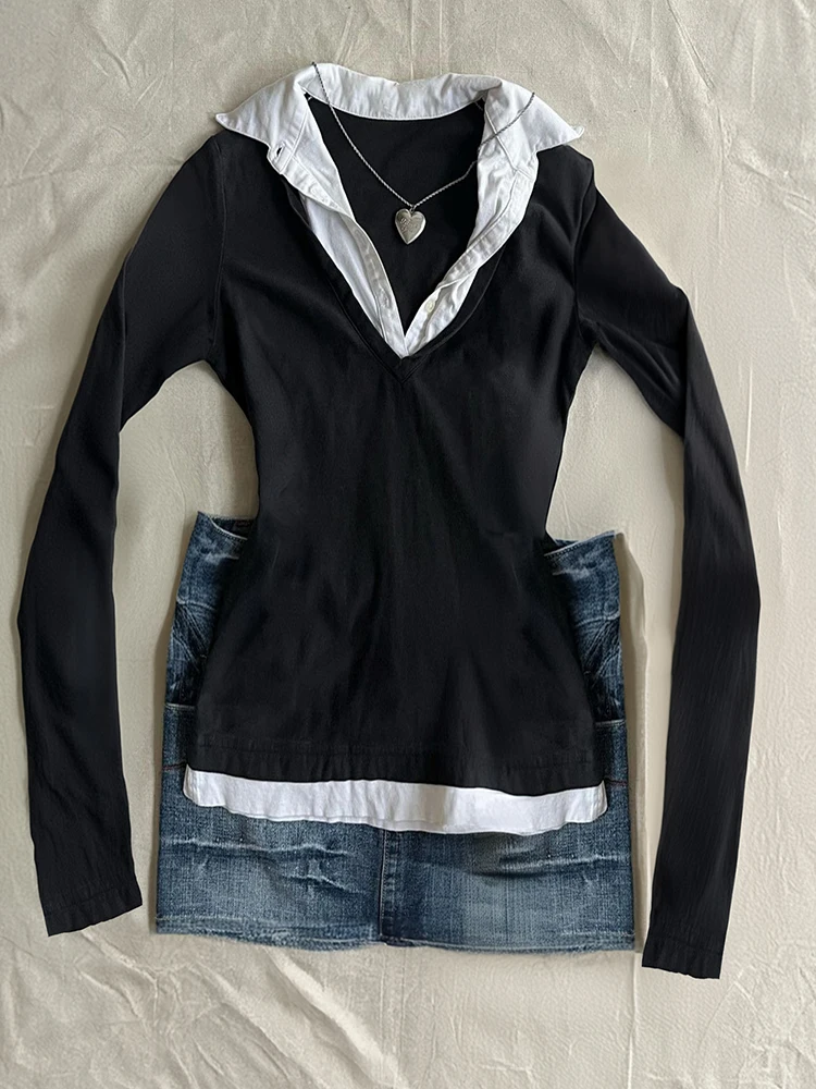 

Original n Girl Bla White Contrast Color irt Collar Splice Fake Two-Piece ort Sve T-irt Vintage Summer Top