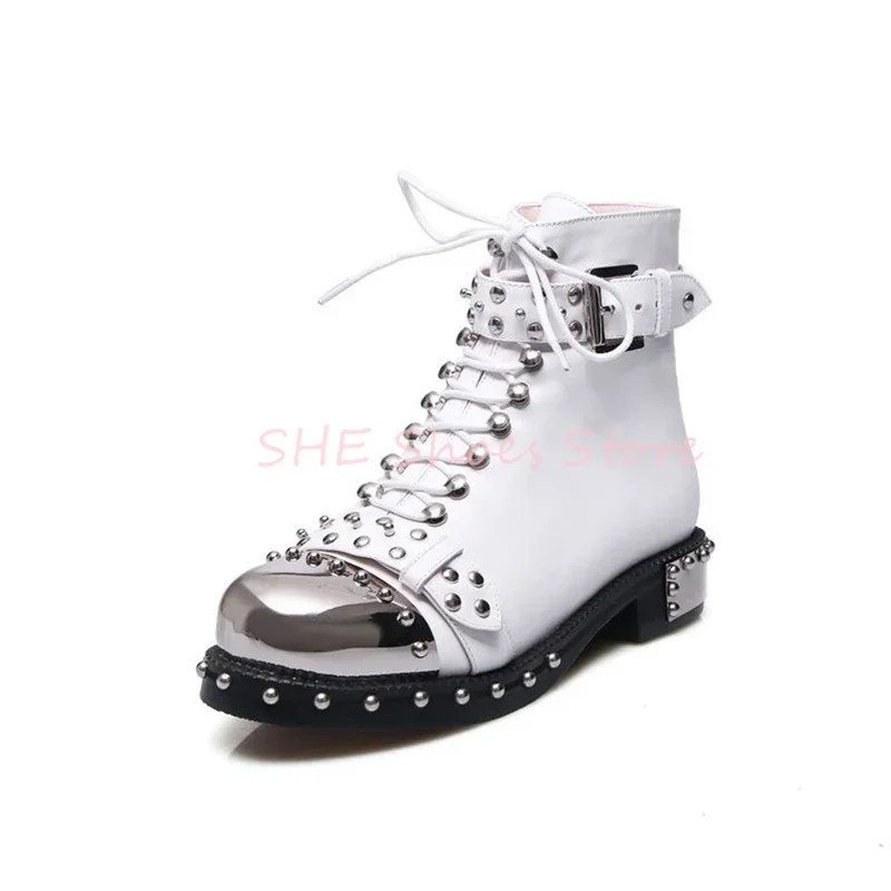

Punk Rivet Chunky Bottom Cosplay Lolita Girl Boots Metal Round Toe Splicing Leather Ankle Boots Ladies Lace-Up High Heel Boots