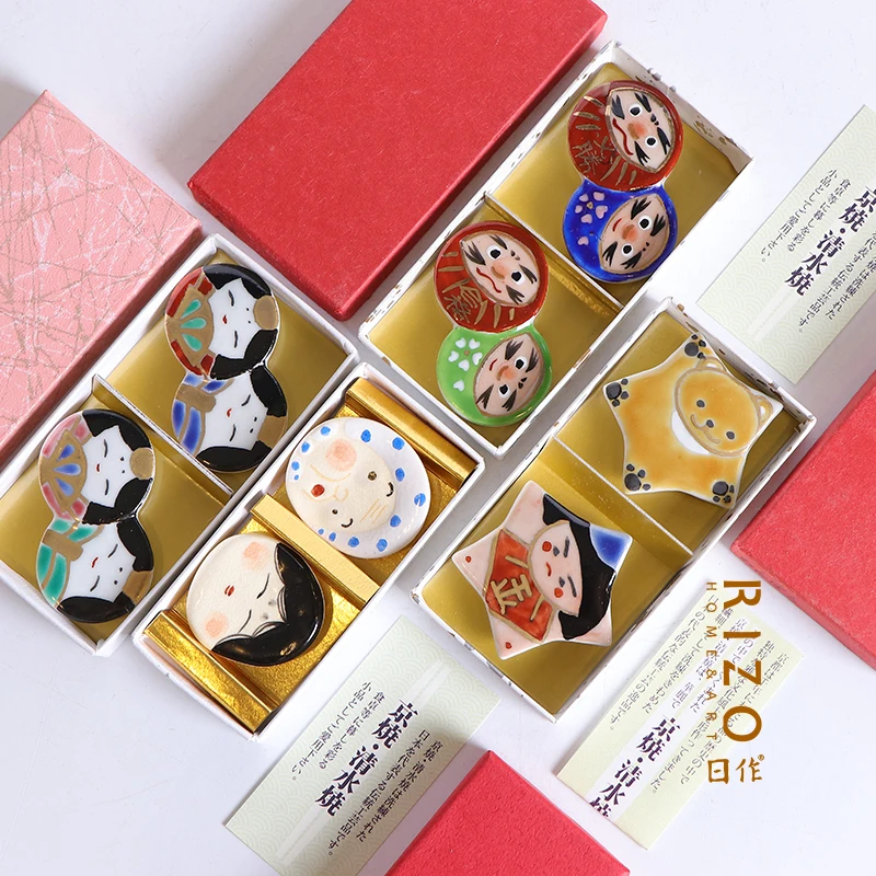 Japanese Kyo Yaku Shimizu Ceramic Painted Chopstick Holder, Mop, Pillow