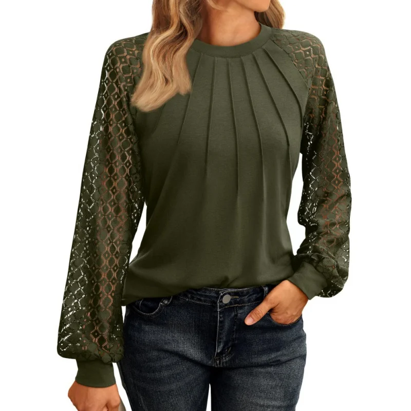 

Women Lace Shirt Spring Long Sleeve Lace Patchwork Round Neck Pleated Top Spring Female Casual Elegant Blouses Solid Color Shirt