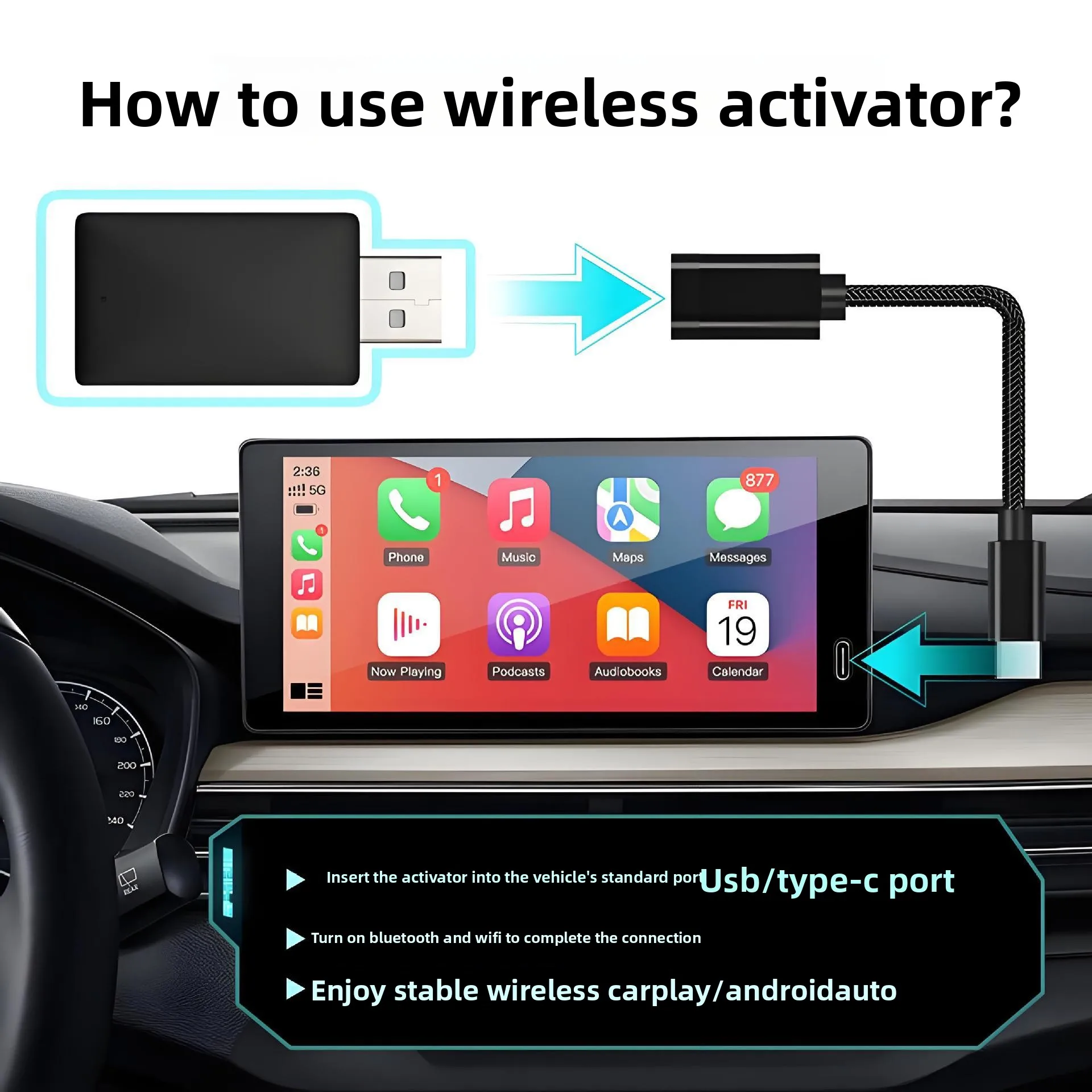 Portable Wireless Carplay Adapter Android Auto 2in1 Smart Box Plug & Play Intelligent Systems For VW Toyota Ford Benz and other