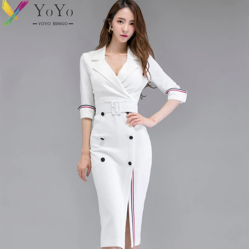 New Autumn Winter Formal Dress Elegant White Half Sleeve Slim Office Lady Work Dress