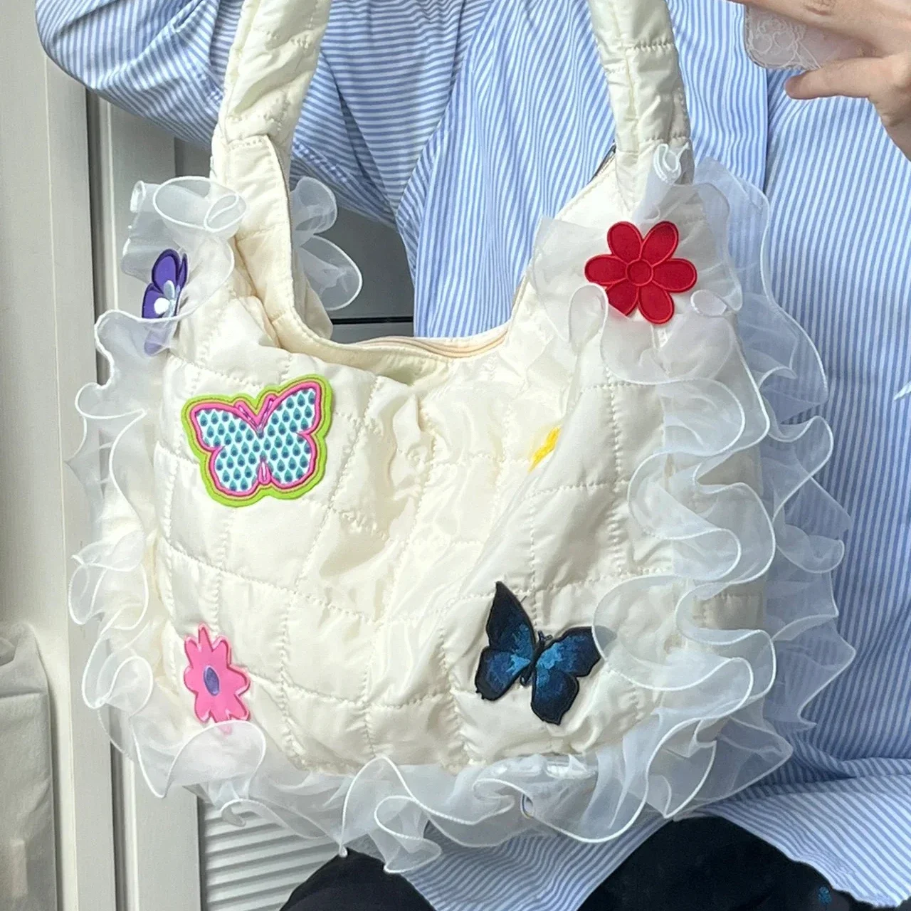 Borsa a tracolla per ragazza dolce in pizzo con ricamo floreale a farfalla di moda coreana Y2k All Match Kawaii Cute Tote Bags borsa a tracolla da donna