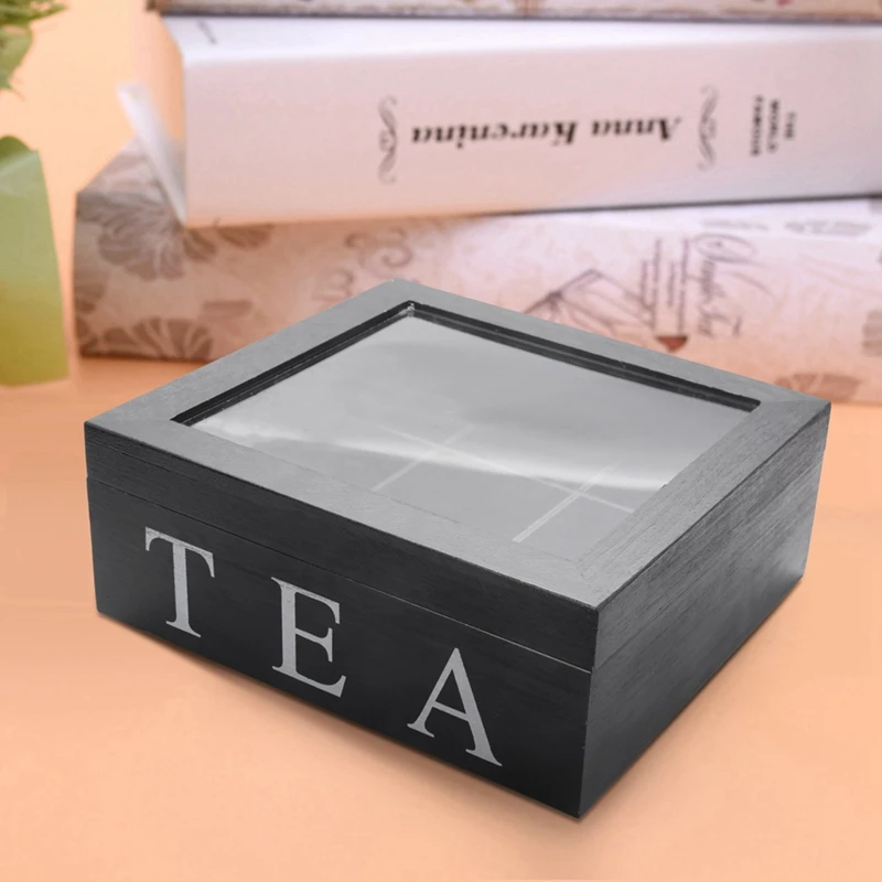 2X Wooden 9 Grids Tea Box Tea Bags Container Storage Box Square Gift Box Case Transparent Top Lid Black