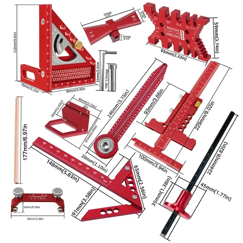 24-Hour Delivery Woodworking Square Kit 10Pcs Includes T-Square Positioning Block Compass Comprehensive Honing Guide