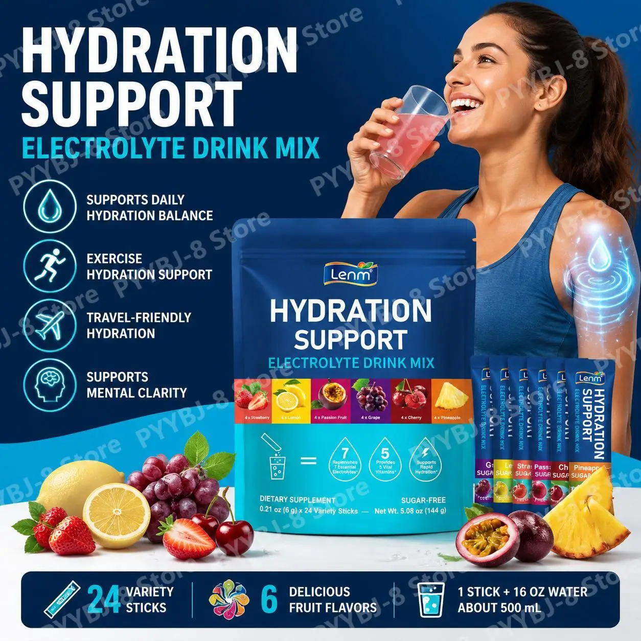 Lenm Electrolyte Drink Mix Powder with 7 Electrolytes and 5 Vitamins, Sugar-Free Vegan Travel Hydration Support 24 Sticks