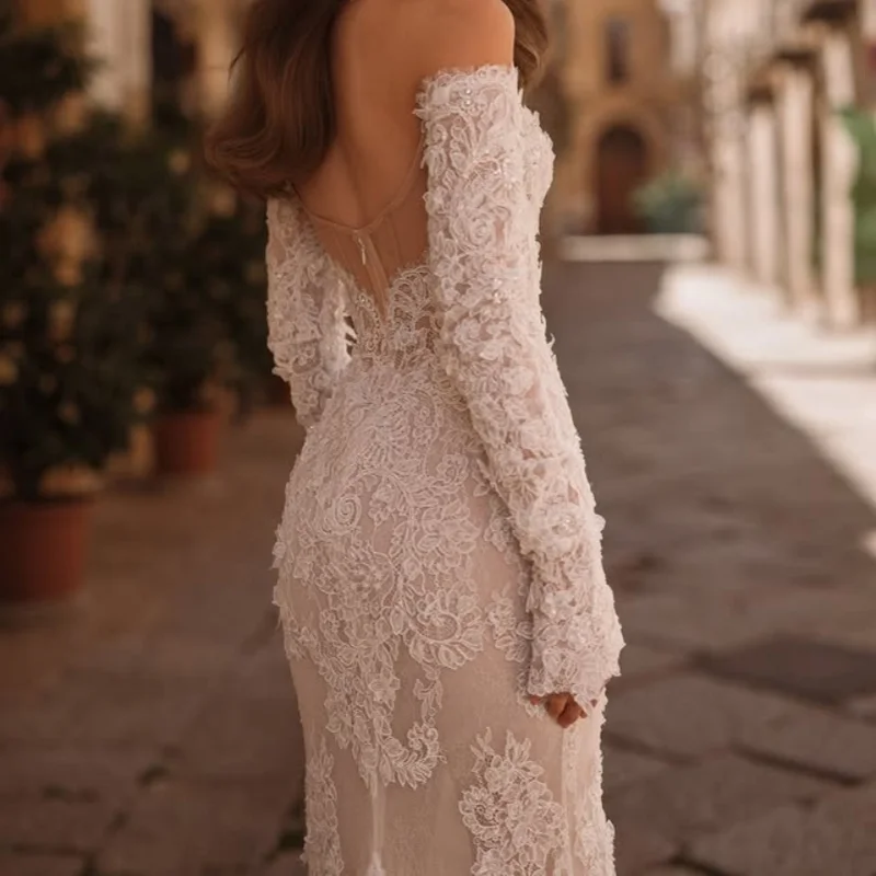 아이보리 꽃 아플리케 레이스 레이어링 웨딩 드레스, 피쉬테일 비즈 긴 소매 신부 드레스 맞춤 제작