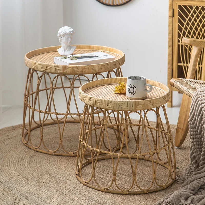 Round rattan coffee table log color, small round  tatami Dai bamboo  woven rattan edge