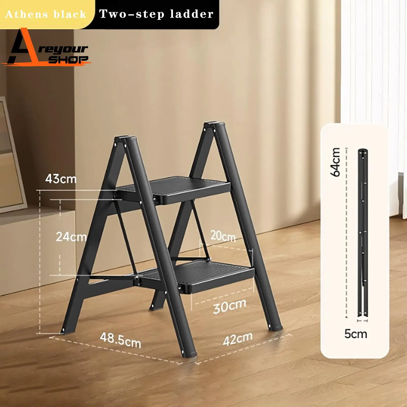 

Stepladder, 2 Tiers, Foldable, Aluminum, Wide, Lightweight, Compact, Ladder