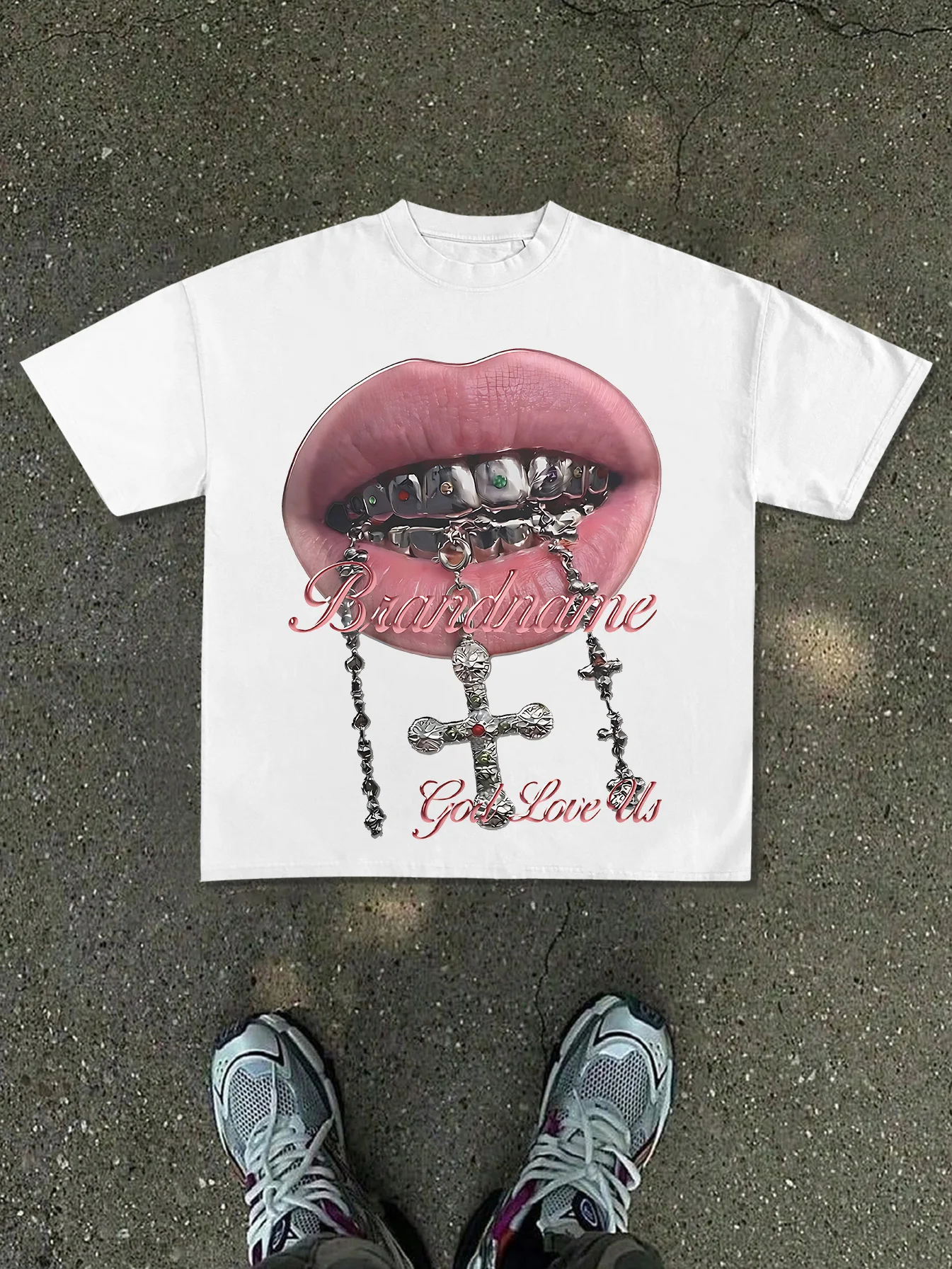 New Men's T-shirt with A Millennium Futurism Pattern, Featuring A Cross Necklace Decoration and The Words' God Loves Us'