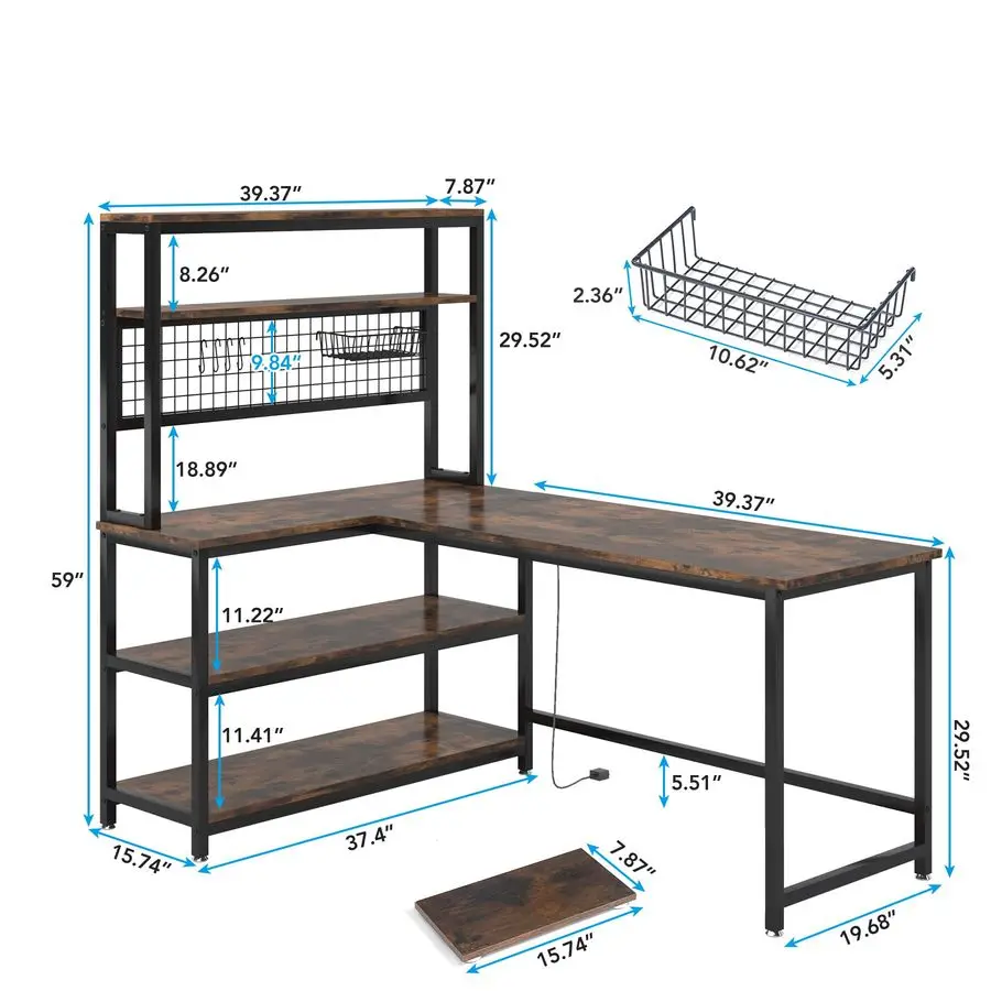 55 LShape Computer Desk with Hutch and Wireless Charging, Office Desk Study Table Writing Desk Workstation with 5 Shelves and M