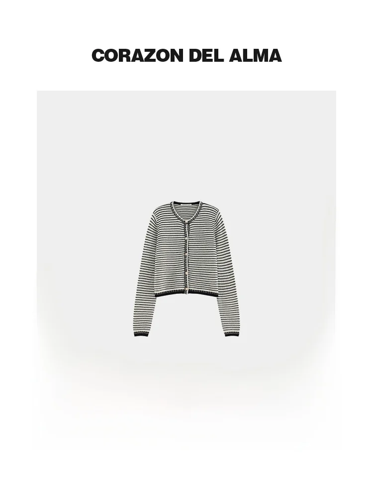 

Вязаный кардиган из хлопковой пряжи Dry Paper High Twist с винтажными черно-белыми полосками, V-образным вырезом, облегающий, с небольшим открытым воротом, Corazon Del Alma