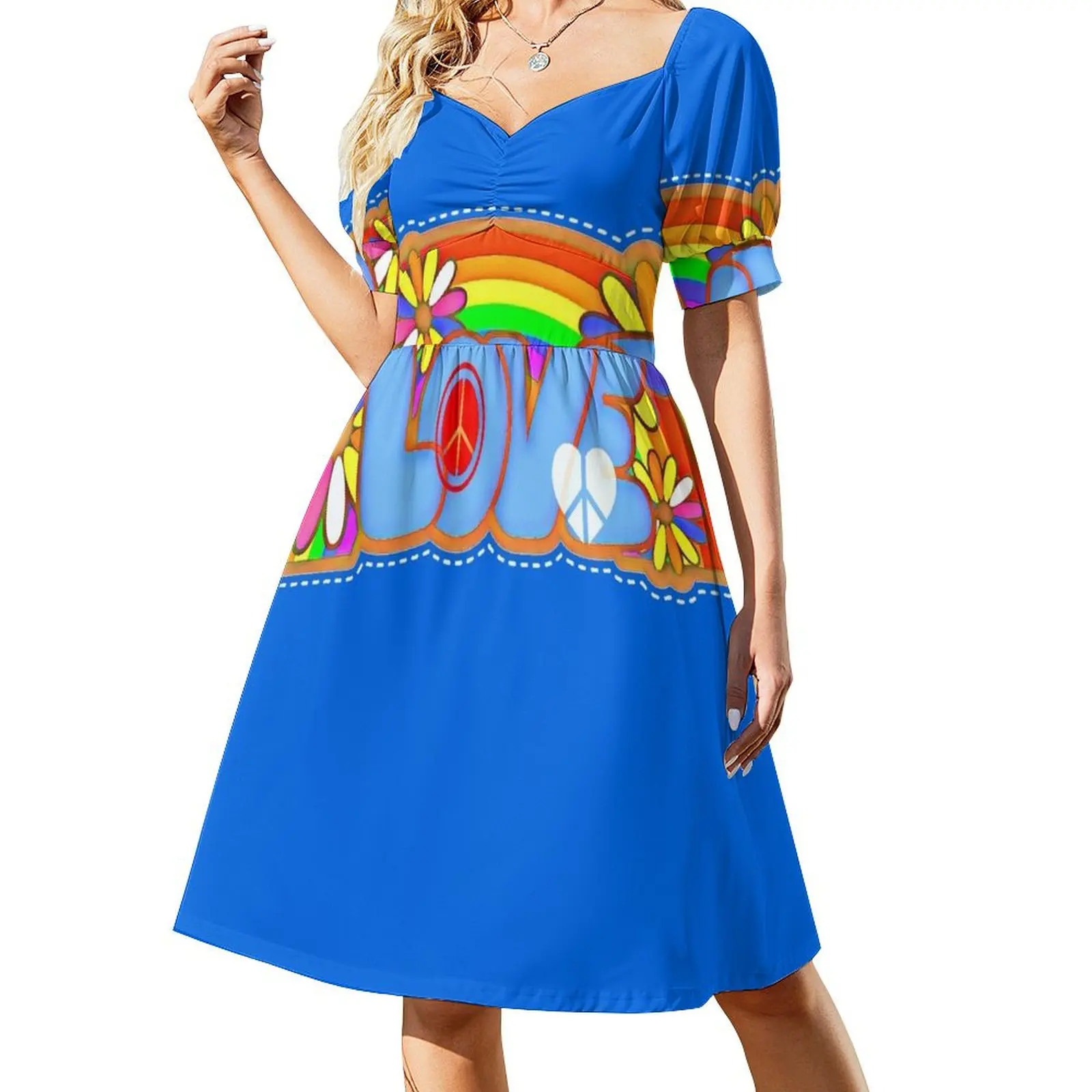 Love Retro Peace Sign Hippy Art Short Sleeved Dress women's evening dresses 2025 sexy short dresses daring Dress