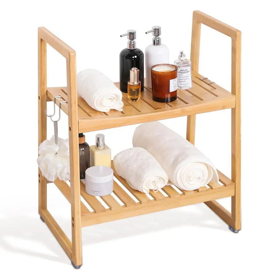 

21.6 Inch Bamboo Shower Bench Seat Chair Stool with Arms for Inside Shower, Heavy Duty Spa Bath Chair with 2 Movable Hooks, NonS