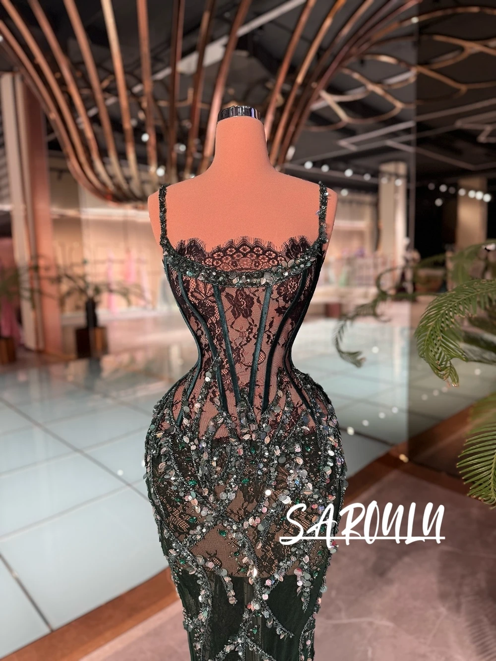 

Dark Green Sequined Lace Corset Evening Dress Sexy Illusion Spaghetti Strap Mermaid Gown For Prom & Formal Party Customized