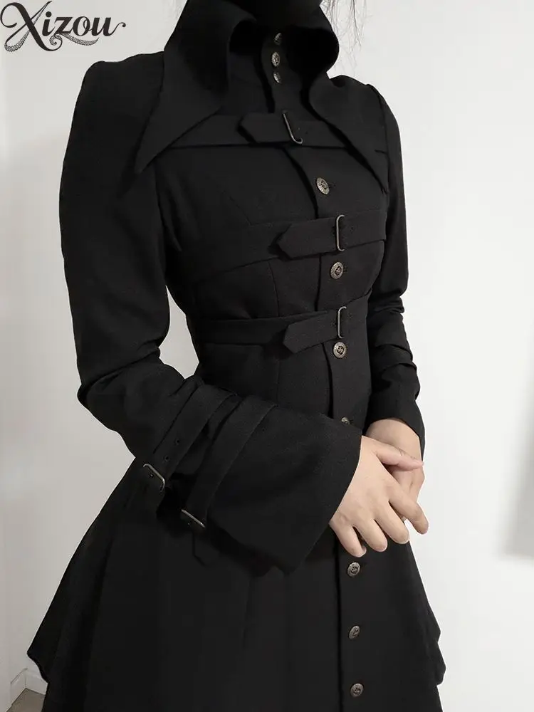 Gothic Military Black Long Coat Stand Lapel Collar Multi‑Buckle Strap Fitted Waist Retro Metal Button Subculture Outer Jacket