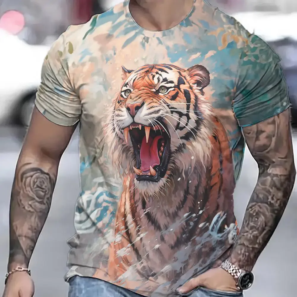 Summer New Men\'s T-shirt 3D Printed Tiger Pattern Trendy Fashion Short sleeved Casual Comfortable Domineering Top