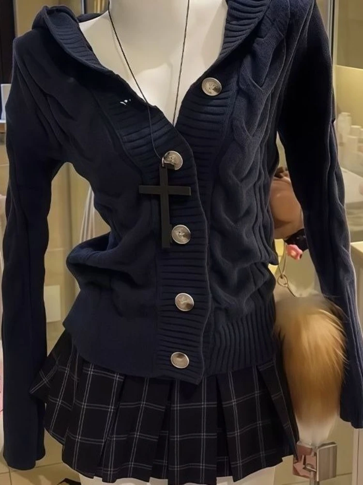 

Vintage Preppy Style Knit Hooded Cardigan Woman Long Sleeve Retro Elegant Button Loose Tops V-neck Fashion Casual Solid Sweaters