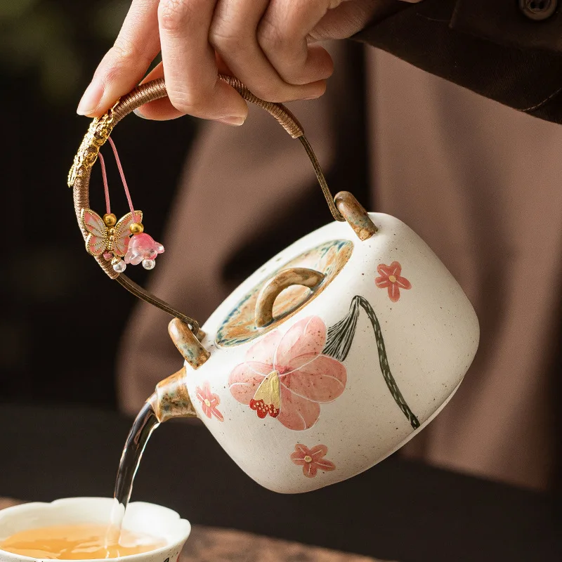 Teapot powder engraved morning glory lifting beam pot anti-scalding filter single pot teapot holder pot bearing