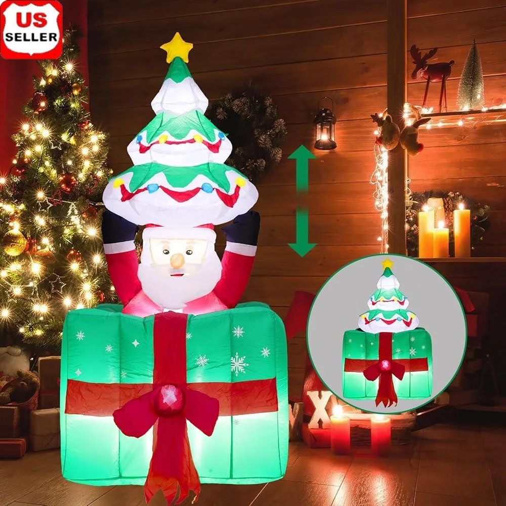

6FT Christmas Inflatable Santa Claus Gift Box with Christmas Tree Pop Up and Down Outdoor Yard Decorations LED Lights Holiday