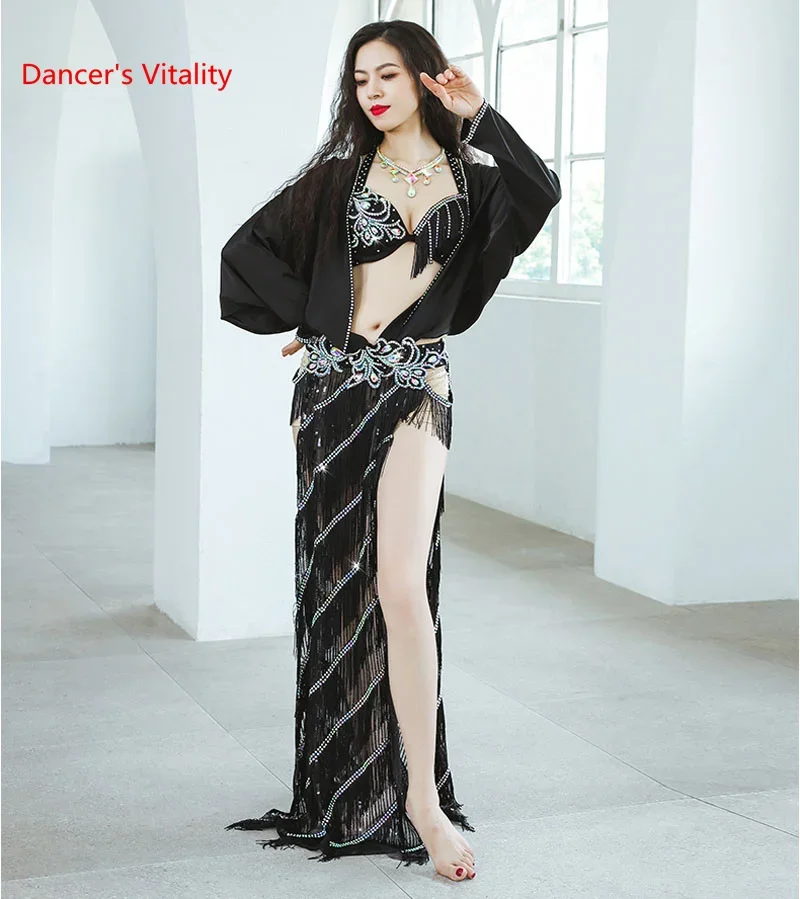 Belly dance performance Suit for women bellydancing bra+stone top+tassel skirt 3pcs outfit child High-End Custom Exotic clothing