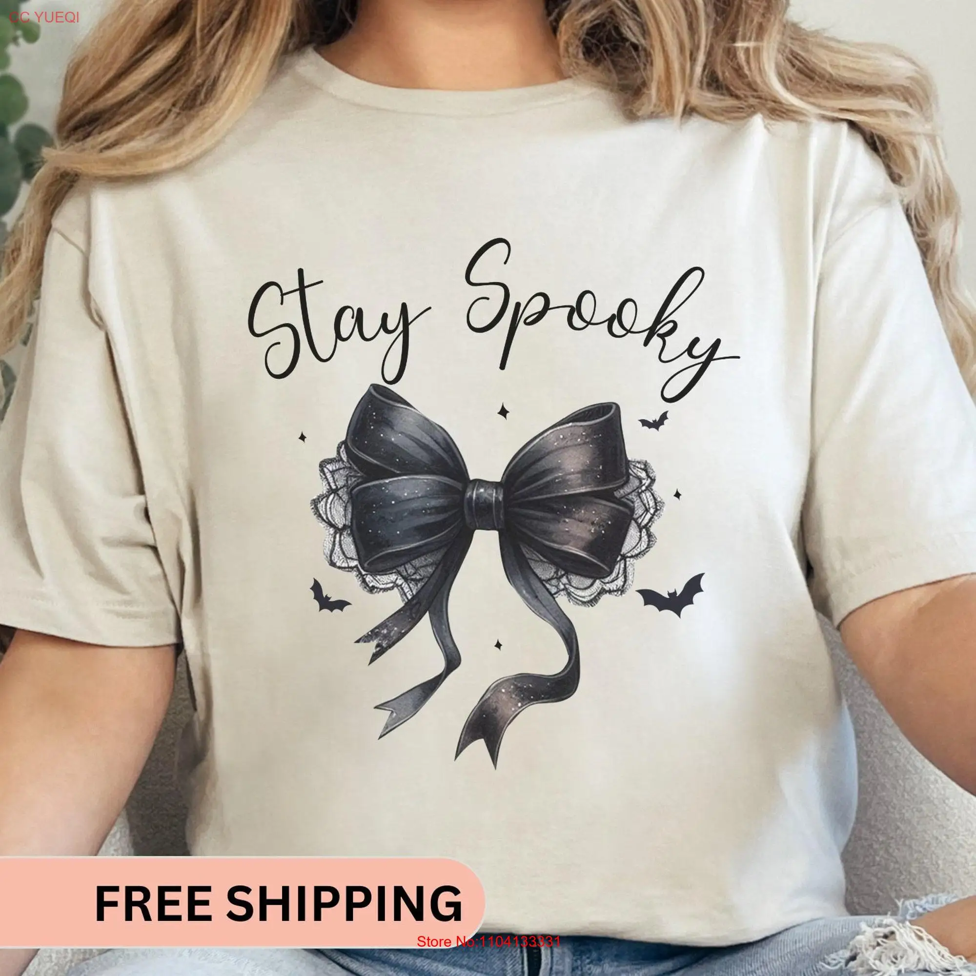 Stay Spooky Halloween T Shirt Cute Lace Bow Coquette Perfect Party long or short sleeves