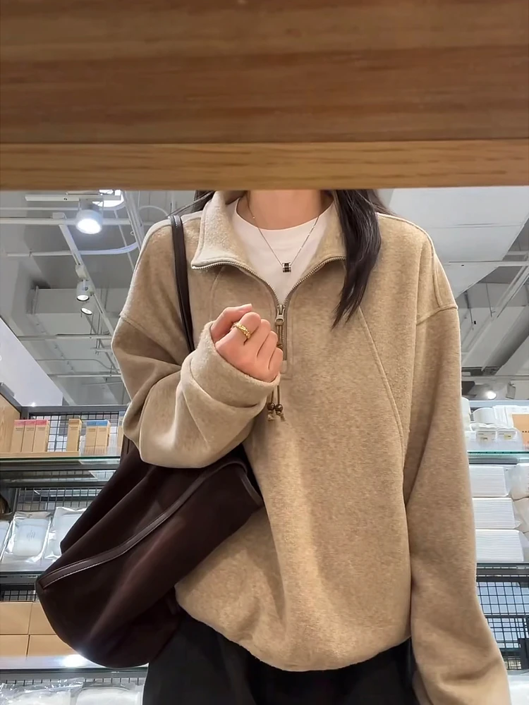 

Женская толстовка в американском ретро-стиле, осенне-зимняя, утепленная, свободного кроя, комфортная, на флисовой подкладке, с воротником-стойкой, верхняя одежда