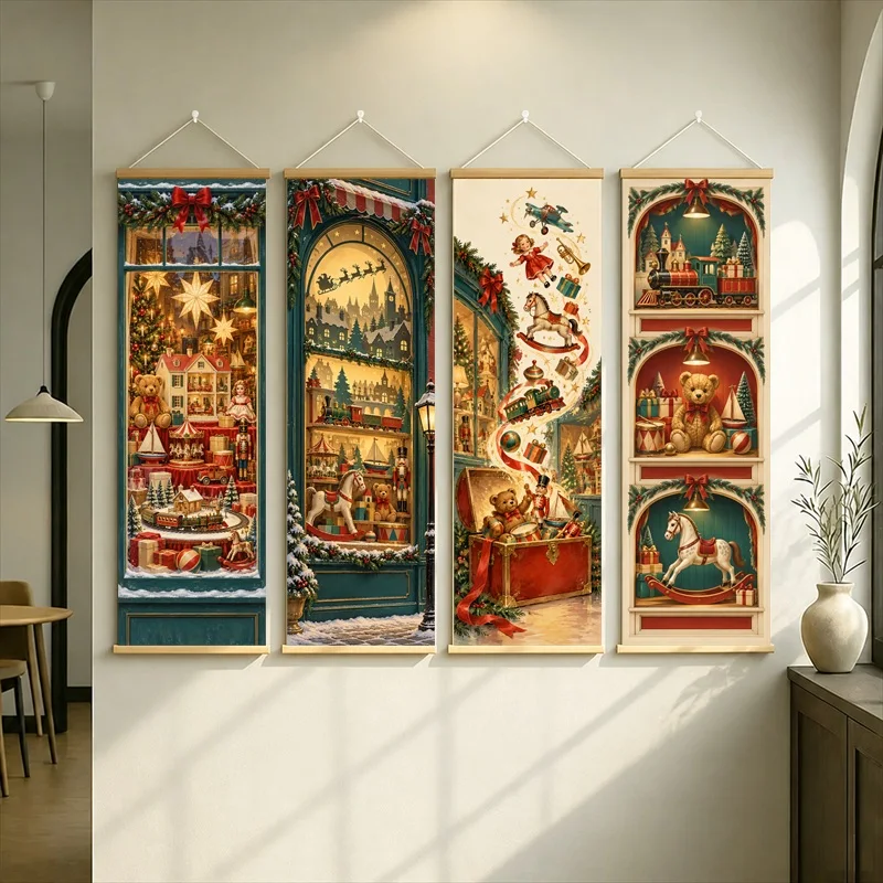 Christmas Village Hanging Scroll with Snowy Houses, Gift Boxes and Festive Scenes in a Vintage Storybook Style for an Entryway
