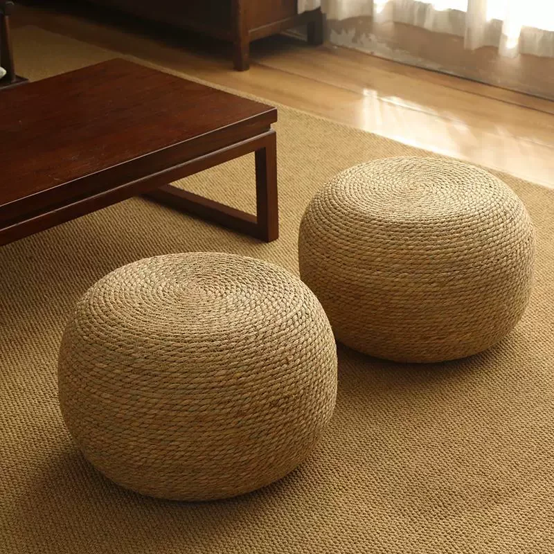Natural Water Grass Pouf Ottoman Briaded Round Boho Pouf Ottoman Foot Rest Poofs Decor for Bedroom Living Room