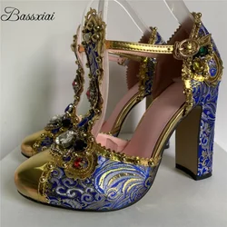 Diamond Beads T-Strap Women Pumps Chunky Heel Round Toe Side Fretwork Rhinestone Embroidery Satin Banquet Shoes For Girls