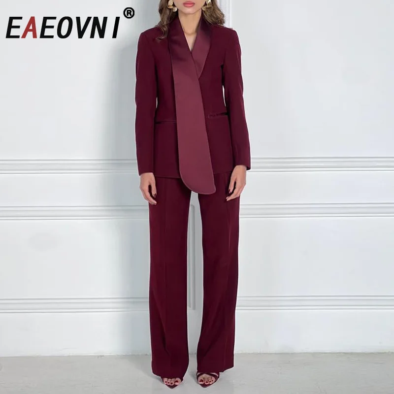 

EAEOVNI 2025 Fashion Women Red 2 Piece Set Patchwork Design Jacket + High Waist Straight Long Pants Office Lady Clothing 1A973