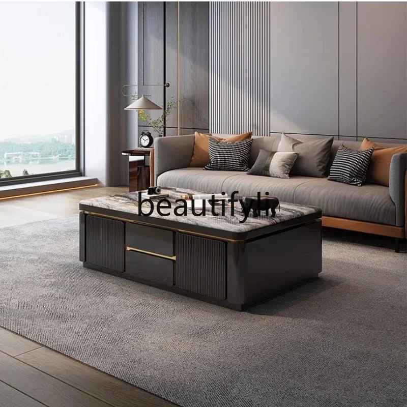 GG Natural Marble Venice Solid Wood Coffee Table Light Luxury High-End Feel Villa Living Room