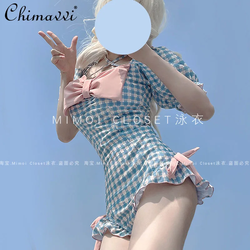 ลายสก๊อตสีฟ้าชุดว่ายน้ําผู้หญิงเสื้อผ้าฤดูร้อนใหม่ญี่ปุ่นน่ารักสาว One-piece Hot Spring ว่ายน้ําสาวหวานชุดว่ายน้ําเซ็กซี่