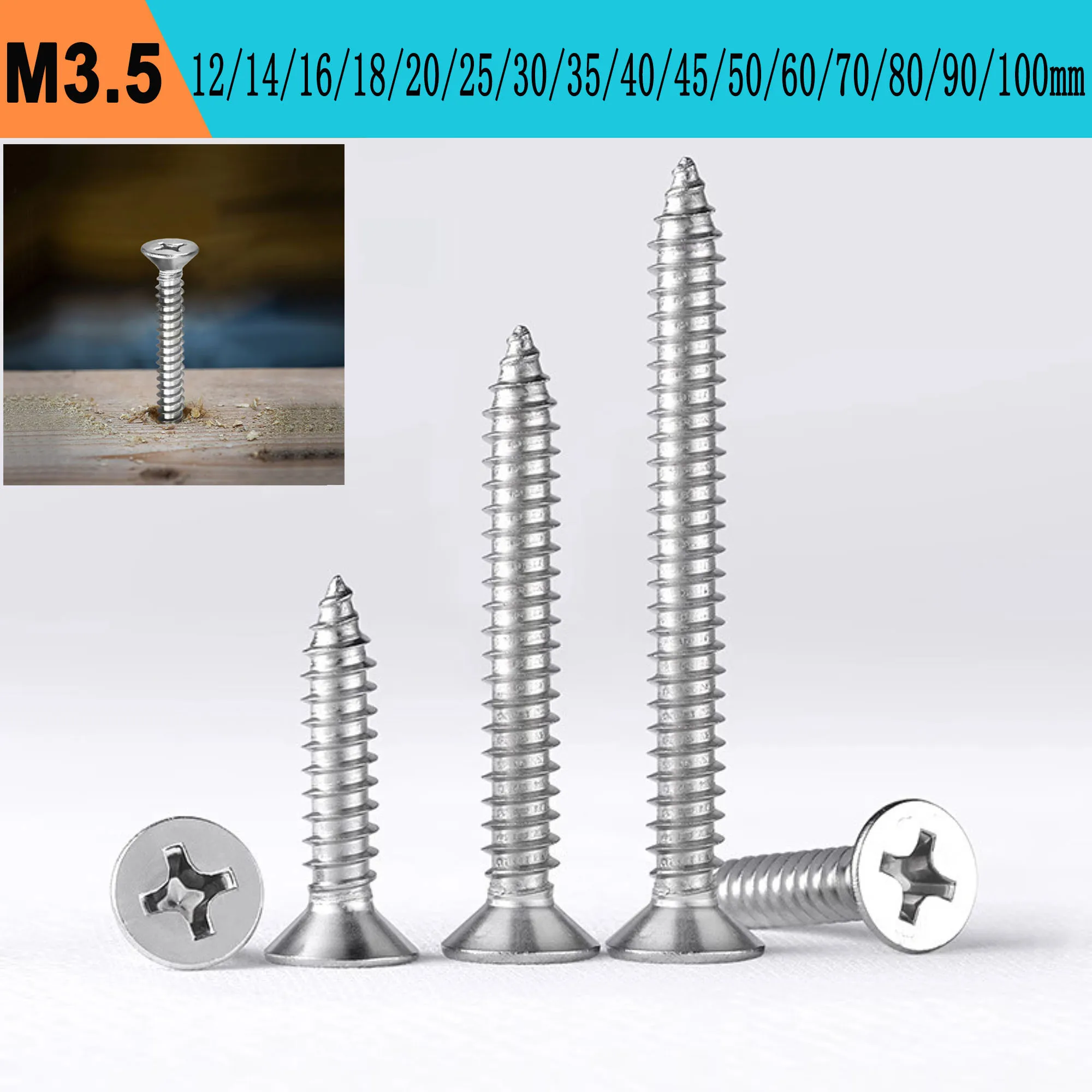 

Flat Head Self Tapping Screw Phillips Drive Wood Screw 304 Stainless Steel M3.5*12/14/16/18/20/25/30/35/40/45/50/60/70/80/90/100