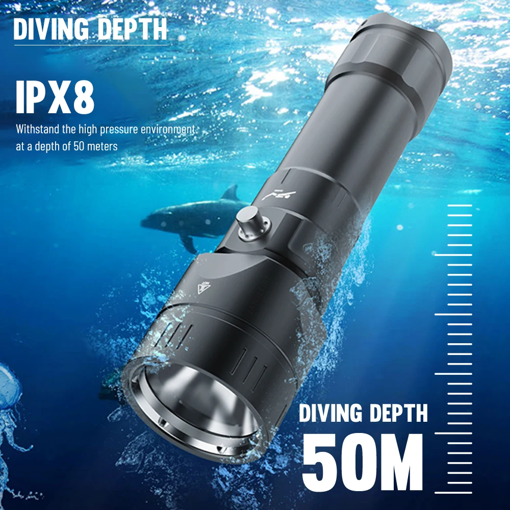Asafee 50M Underwater Diving Flashlight XHP50 LED Light Magnetic Switch Torch IPX8 Waterproof Lantern 20W Power Lamp