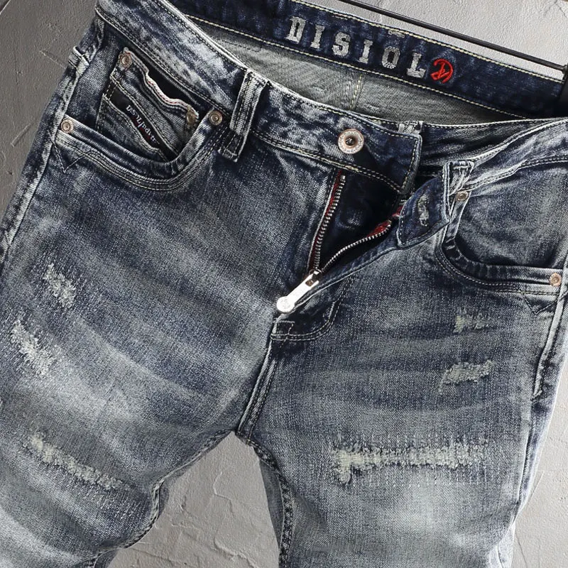 Italian Style Fashion Men Jeans Retro Washed Blue Elastic Slim Fit Ripped Jeans Men High Quality Vintage Designer Denim Pants