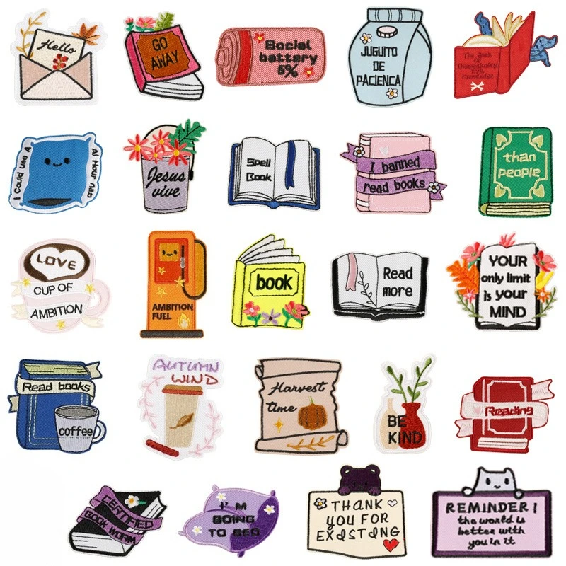 Cartoon Book Reading Patch Iron On Embroidery Applique For Clothing DIY Sewing Accessory