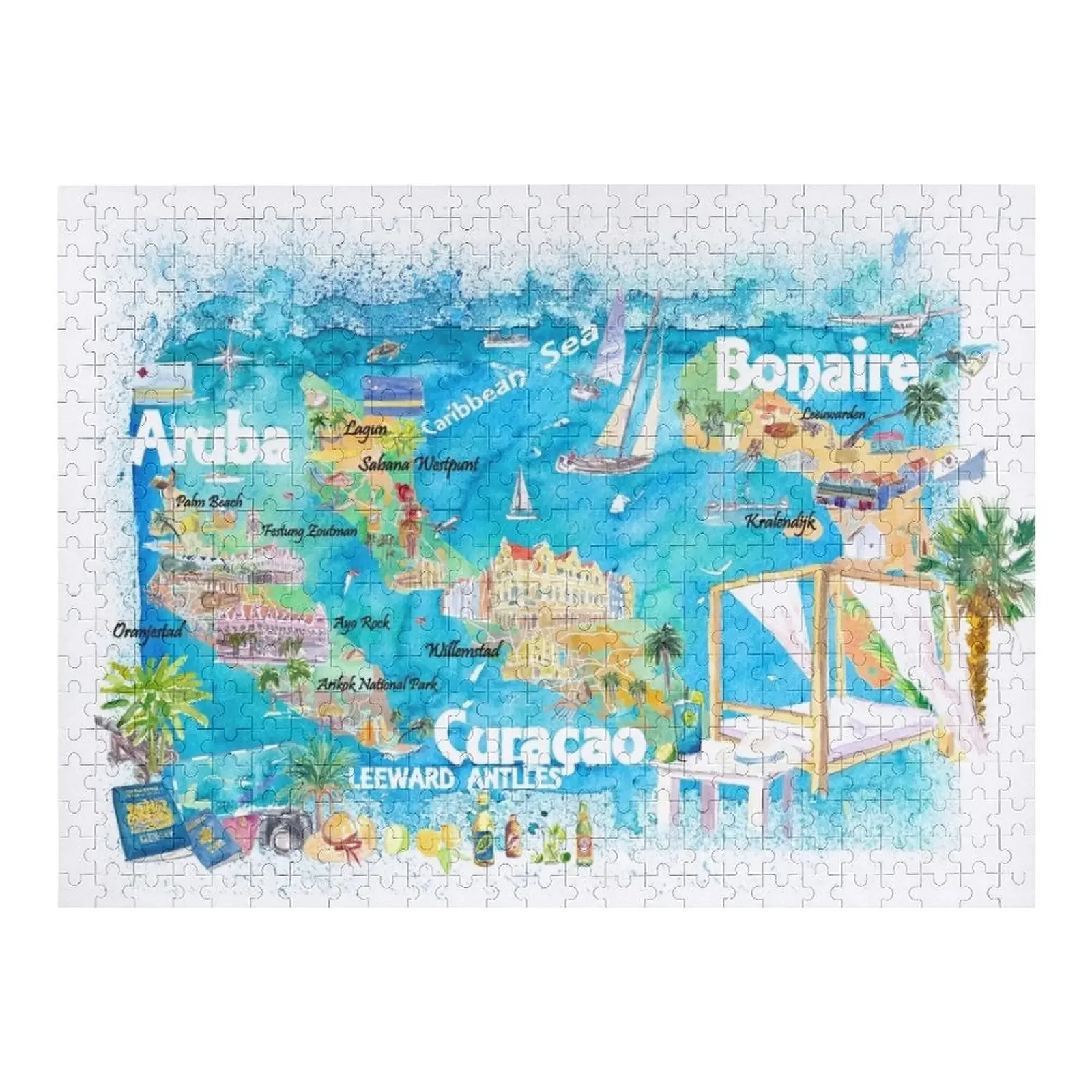 

Aruba Bonaire Curacao Illustrated Islands Travel Map with Roads and Highlights Jigsaw Puzzle Photo Personalized Puzzle