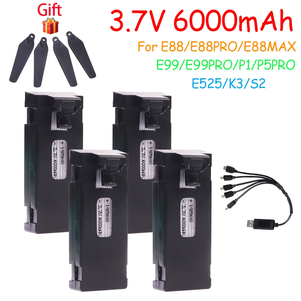 E88 Battery and Charger 3.7V 6000mAh RC Drone Accessory For E88PRO E99 E99Pro Ls-E525 E525PRO Mini Uav Drone Battery Combination