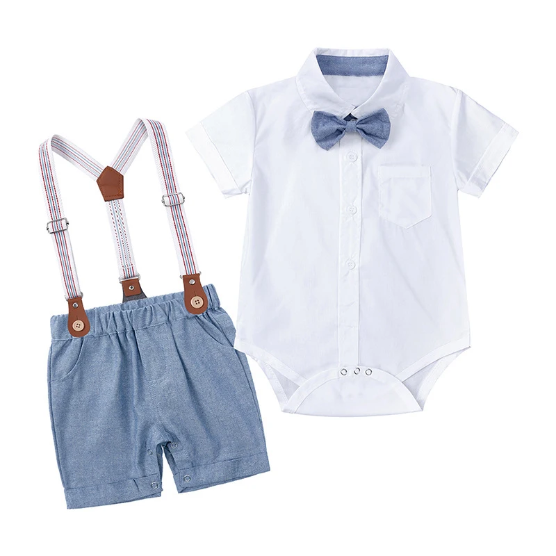 Newborn Baby Boy Clothing Sets 0-24 Months Summer Lapel Short Sleeve Shirt Tops Bodysuits Suspender Trousers Toddler Boy Outfits