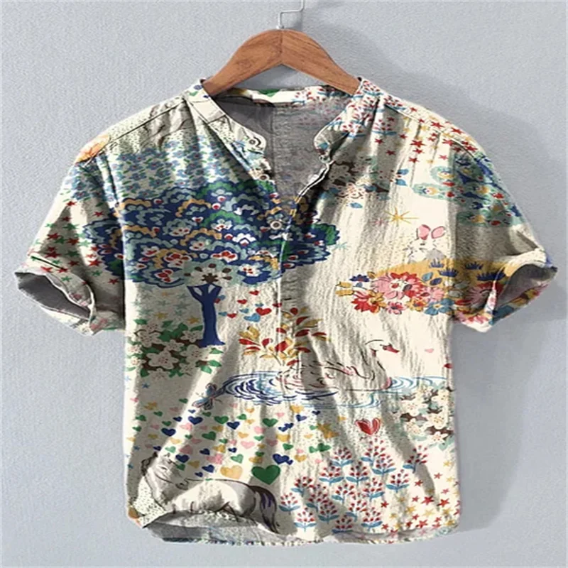 الصيف الرجال الكتان قصيرة الأكمام الخامس الرقبة الرجعية النفط اللوحة طباعة قميص غير رسمي ملابس للرجال حجم كبير التسليم السريع