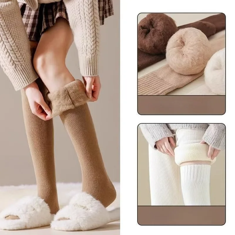 1 par de calcetines por encima de la rodilla con forro polar para mujer para Otoño/Invierno calcetines cálidos gruesos hasta el muslo calcetines largos de caña alta