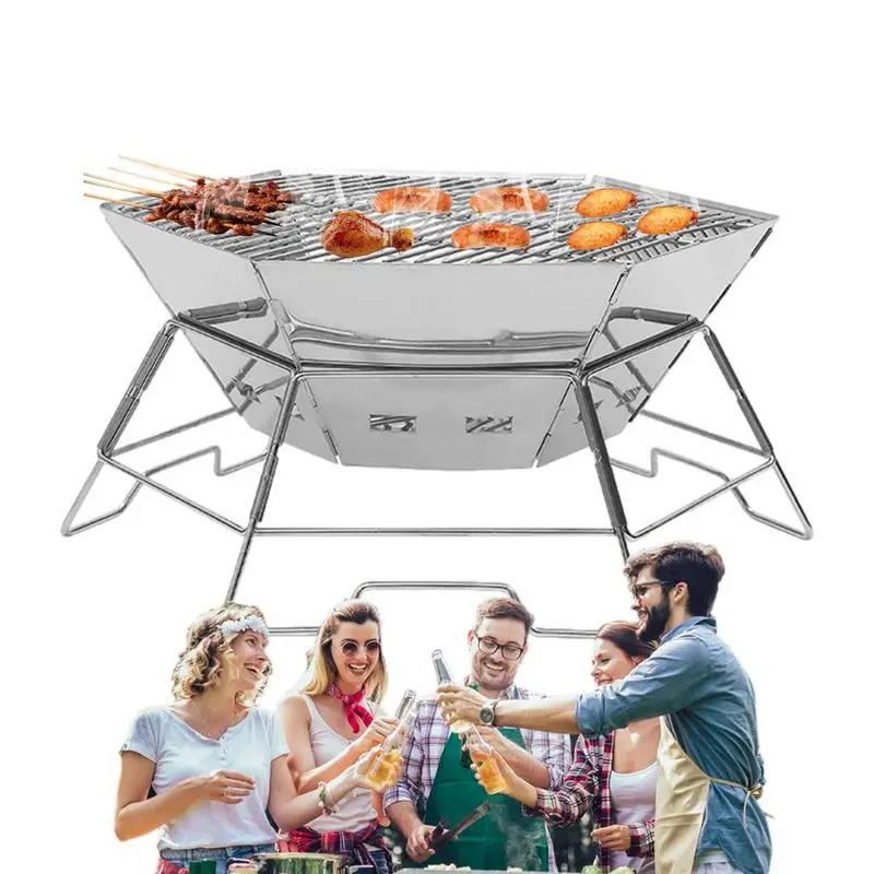 

Outdoor Wood Burning Fire Pit Foldable Stainless Steel Campfire Stove Stainless Steel Hexagonal Campfire Pit Grill For Barbecue