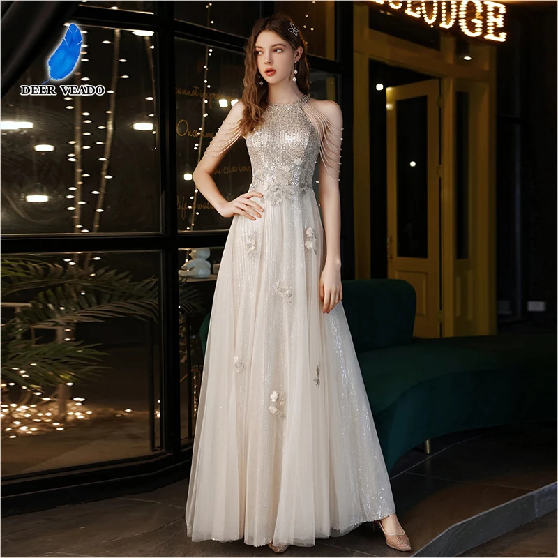 

DEERVEADO Elegant A-Line O-Neck Sequins Evening Dress Luxury Beading Prom Party Maxi Dresses with Appliques Women's Formal Dress