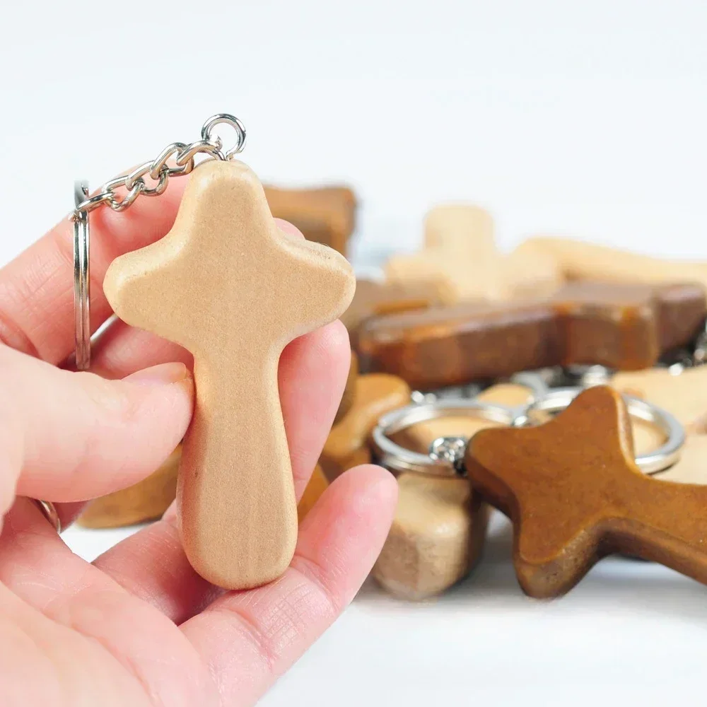 Necklace Wooden Cross Pendant Keyring Custom Name Logo Wood Jesus Christ Keychain Personalized Decorate Key Chain Ring Gift